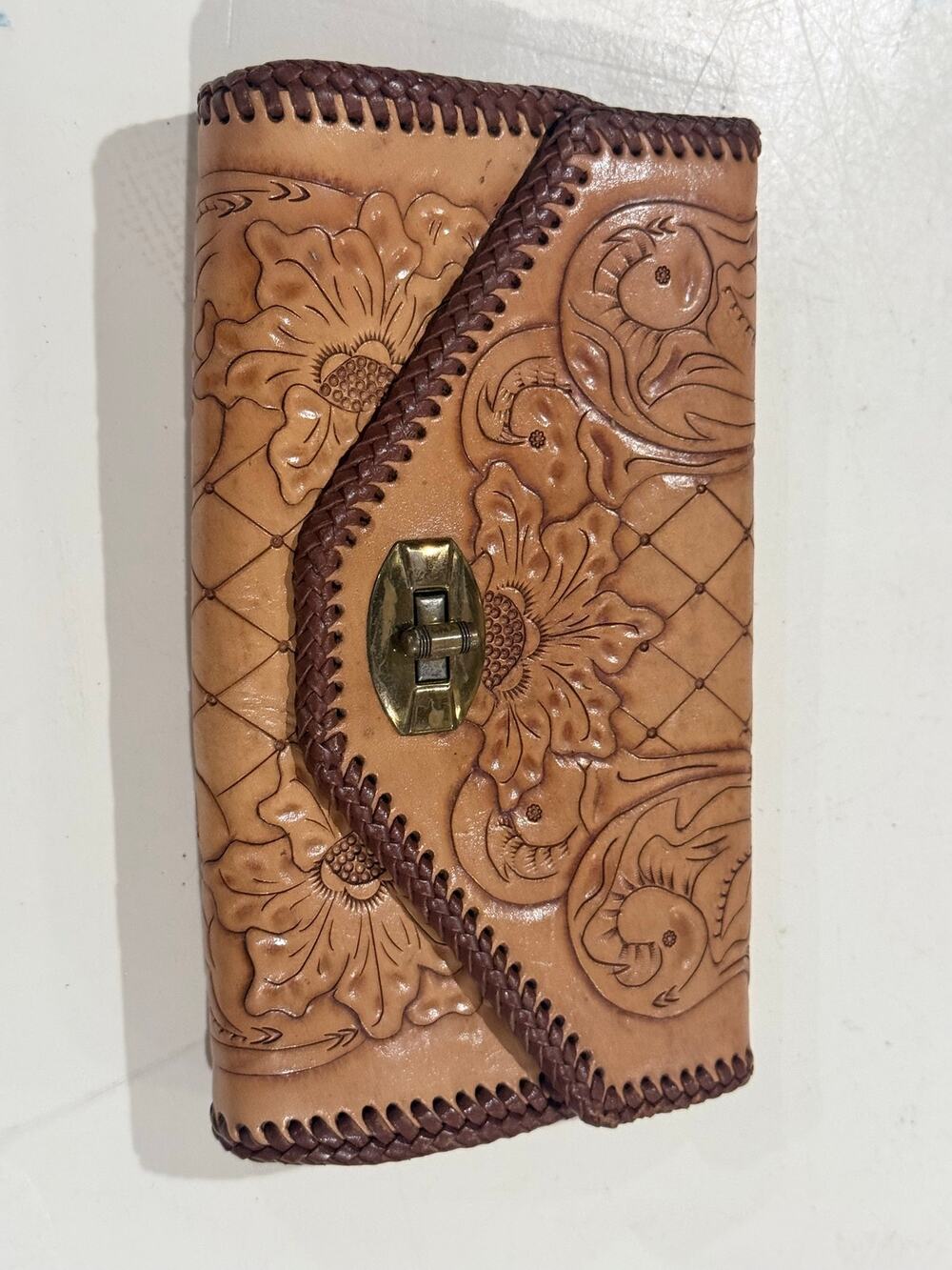 Vintage 70s Tooled Leather Floral Clutch Wallet Brown Western Boho Whipstitch